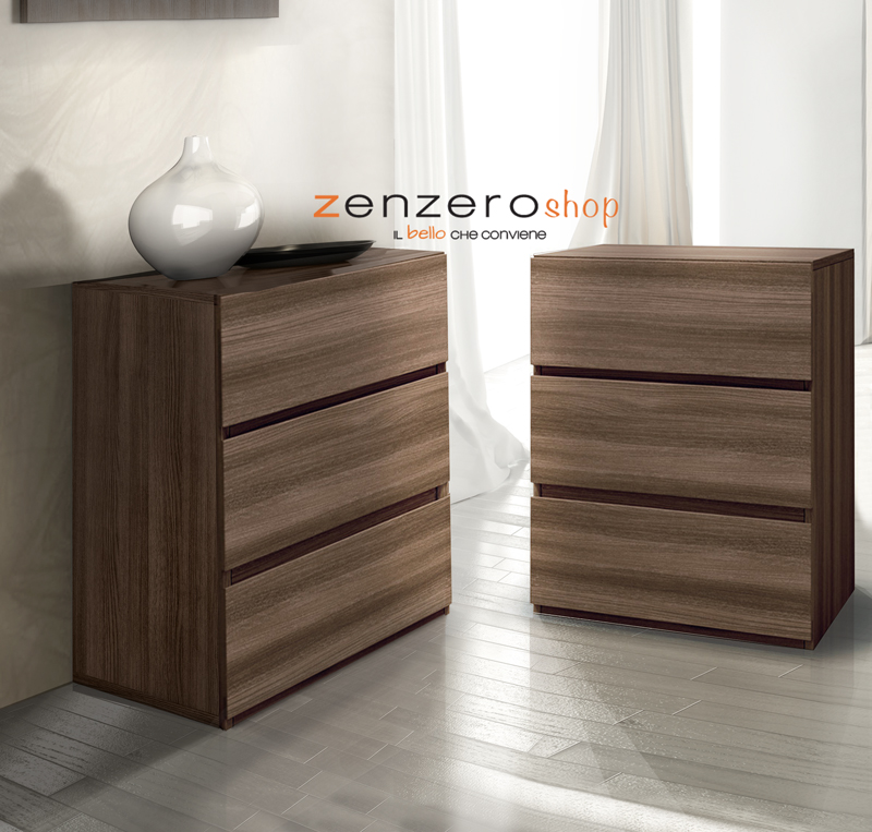 Comodino moderno con 3 cassetti  di alta qualità in finitura Quercia brown