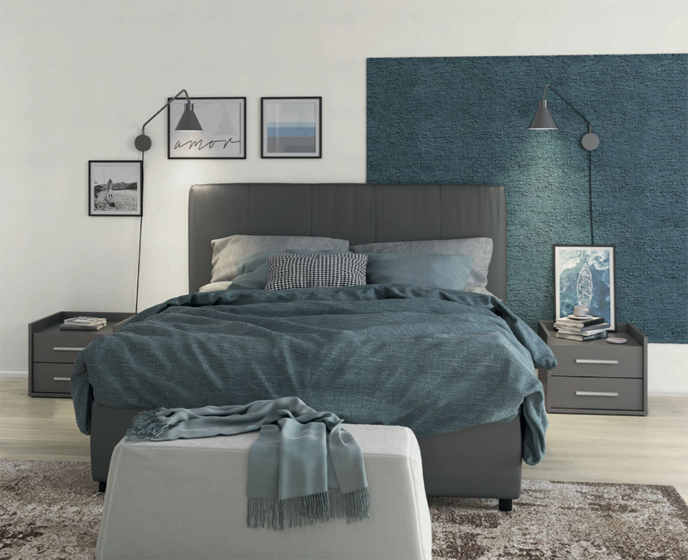 Letti matrimoniali contenitori, letto in ecopelle  con comodini in finitura Titanio