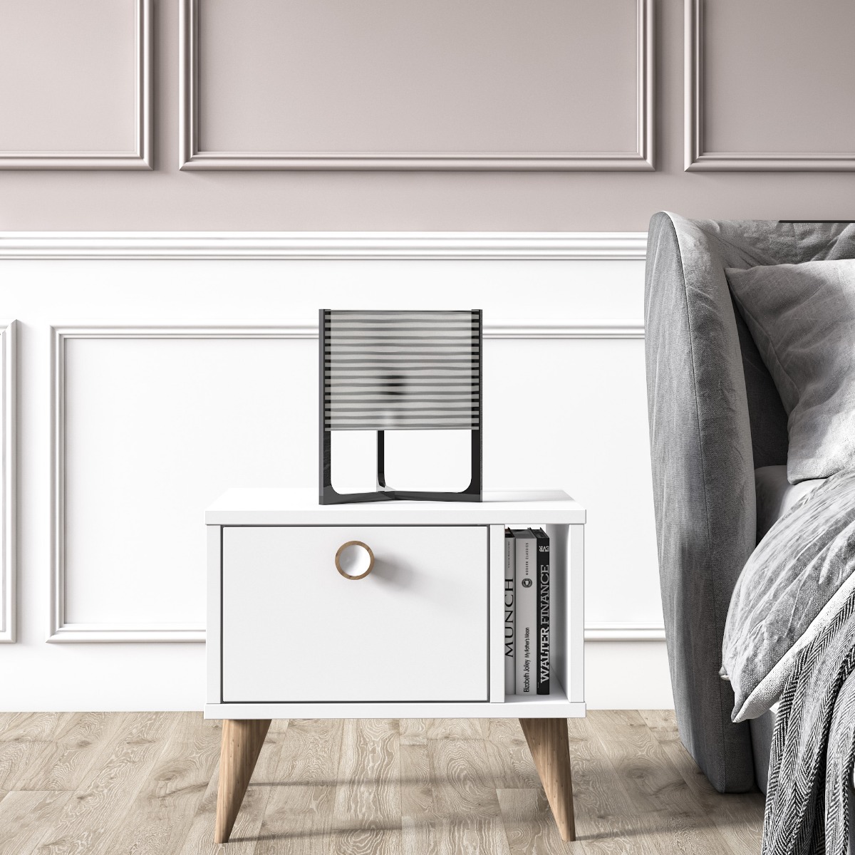 Comodino Ankara bianco con piedini rovere 