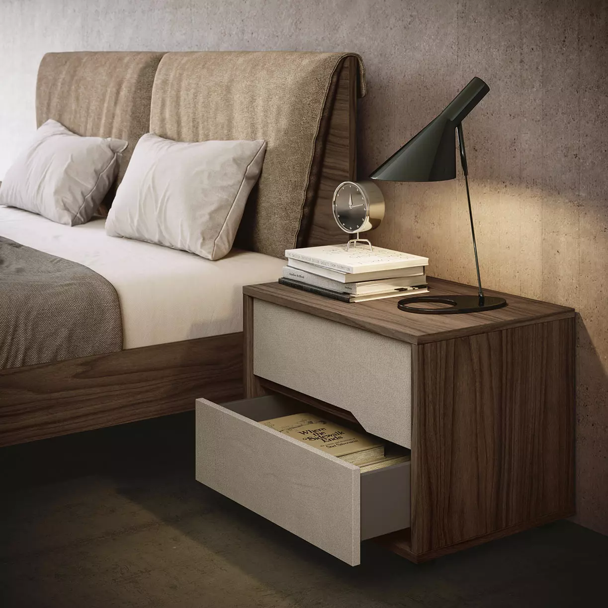 comodino noce con maniglie a gola