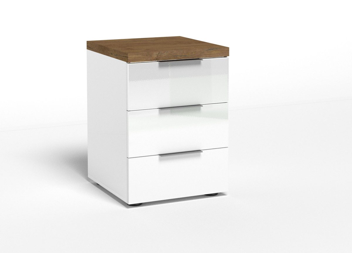 Moderno comodino a 3 cassetti, finitura Bianco lucido e Castagno