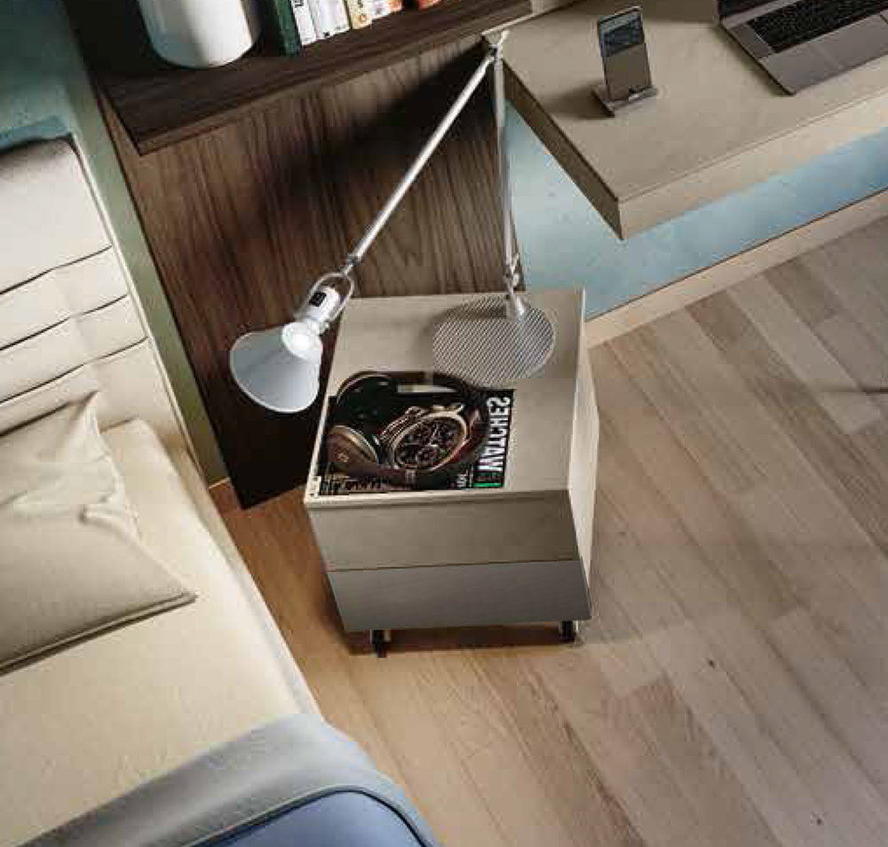 Comodino bicolor 2 cassetti con ruote, Argilla e Grigio cenere