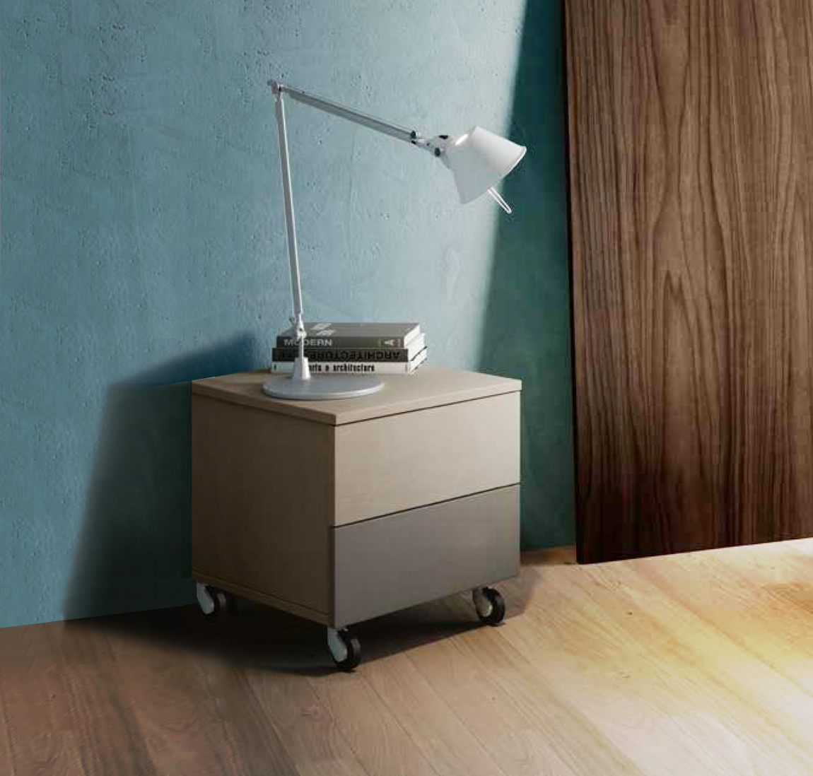 Comodino bicolor 2 cassetti con ruote, Argilla e Grigio cenere