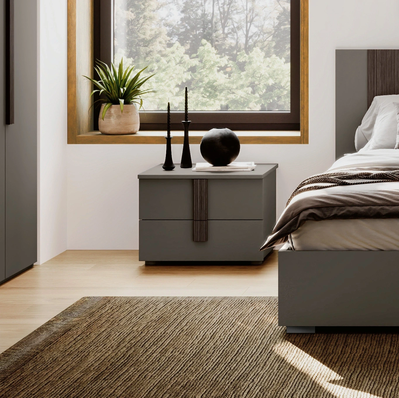 Comodino 2 cassetti, Grigio cenere con maniglia cannettata grigia, L.55