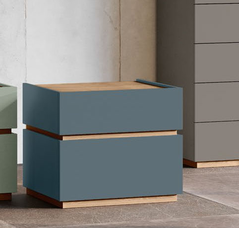 Coppia comodini larghi in finitura Petrolio e Noce biondo