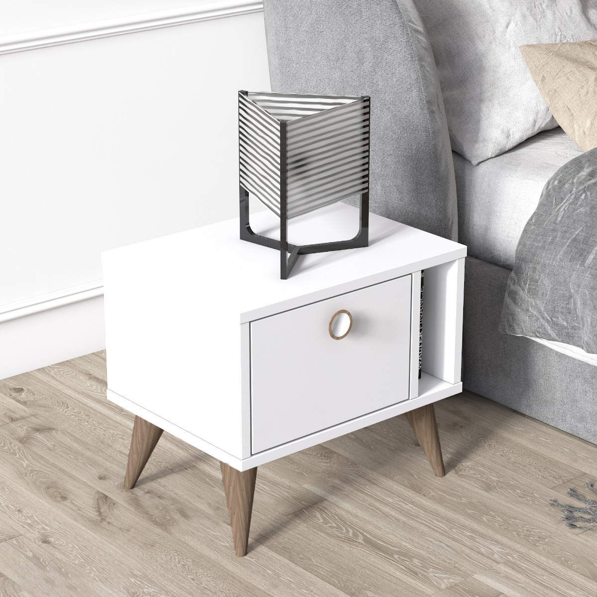 Comodino Ankara bianco con piedini rovere 