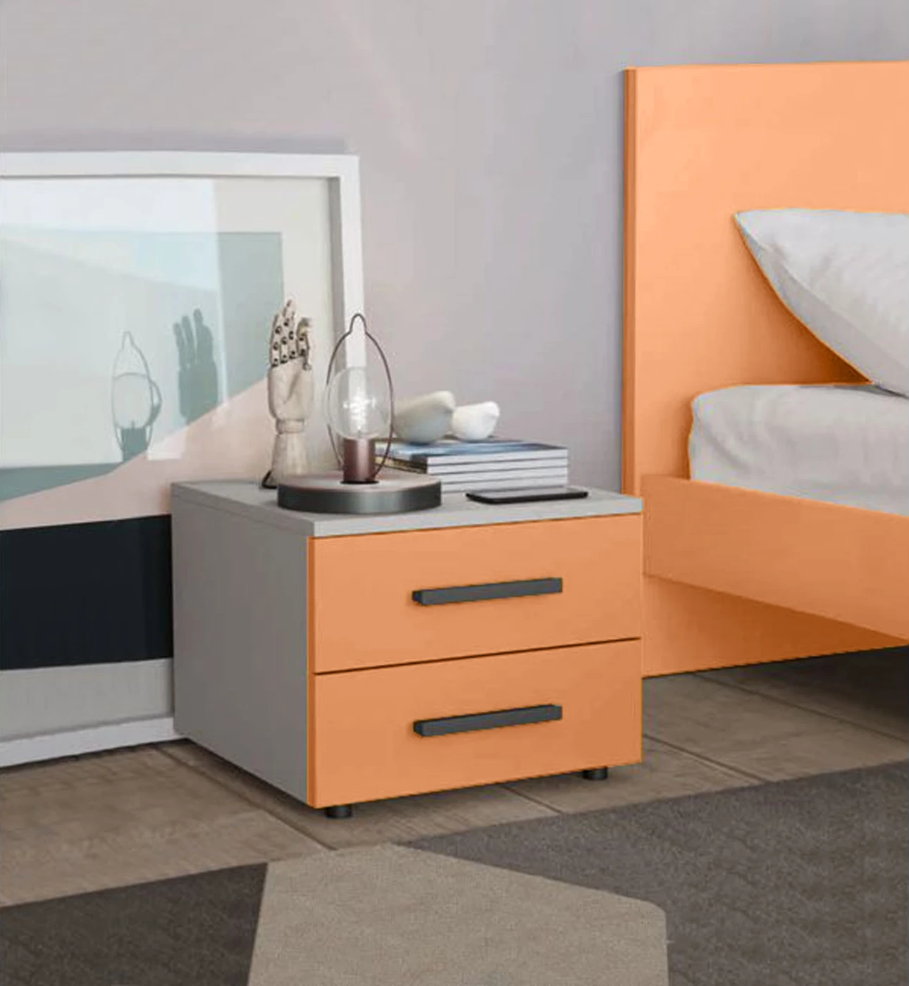 Comodino Master moderno, 2 cassetti, finitura Papaya e Cemento Artico