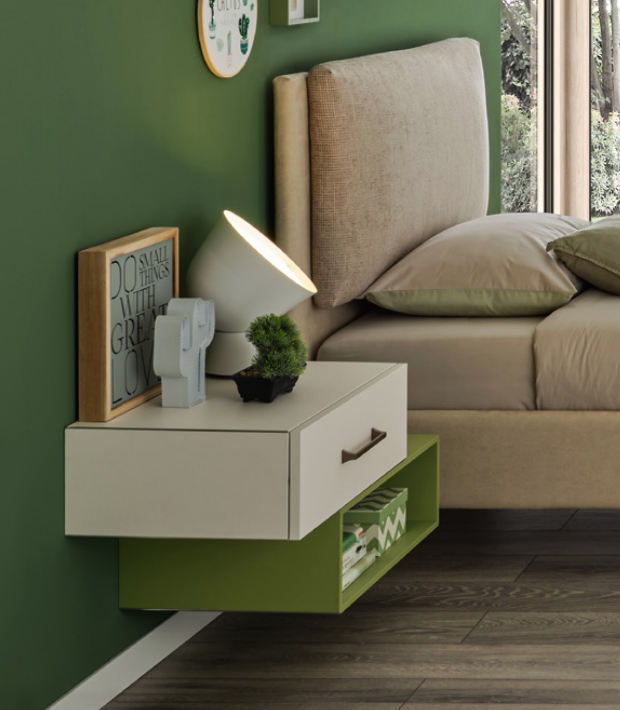 Comodino sospeso Moretti Compact, Bianco luce e Flora laccato