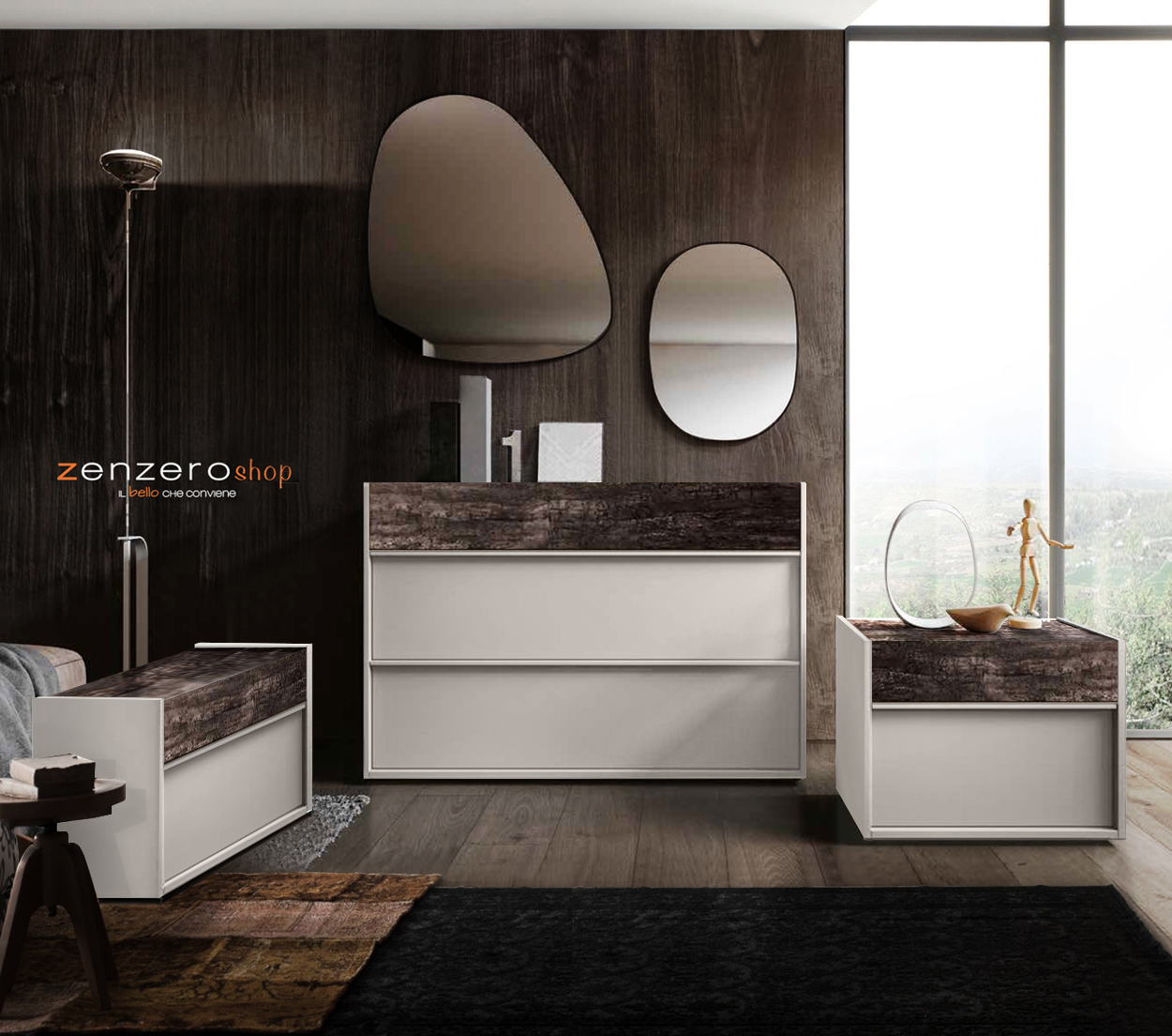 Set moderno Bali con comò e coppia di comodini in finitura  Grigio seta e Legno bruciato