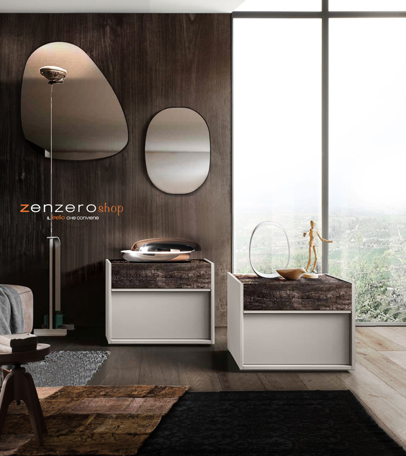 Set moderno Bali con comò e coppia di comodini in finitura  Grigio seta e Legno bruciato