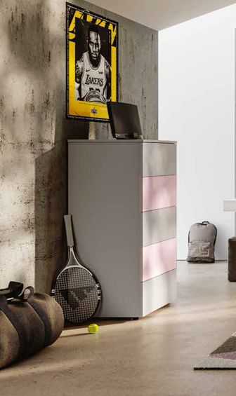 Settimino moderno con 5 cassetti, finitura Bianco altea, Rosa confetto e Grigio seta