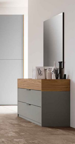 Comò moderno 3 cassetti, in finitura Noce Biondo e Grigio Argento