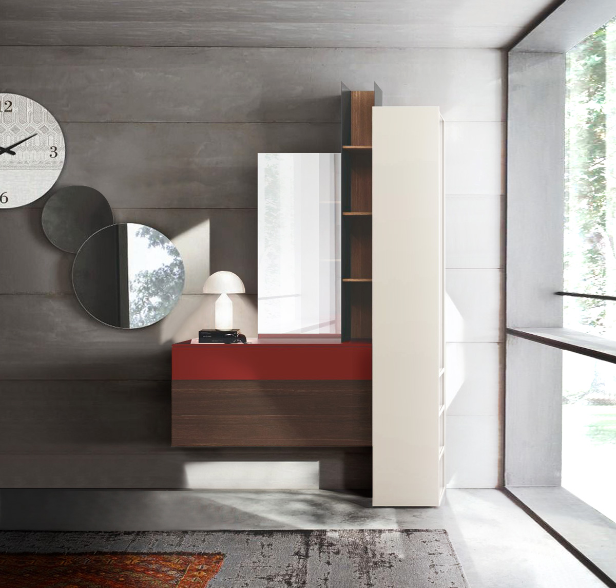 Ingresso finitura materico rovere termocotto, laccato opaco bordeaux e laccato opaco madreperla