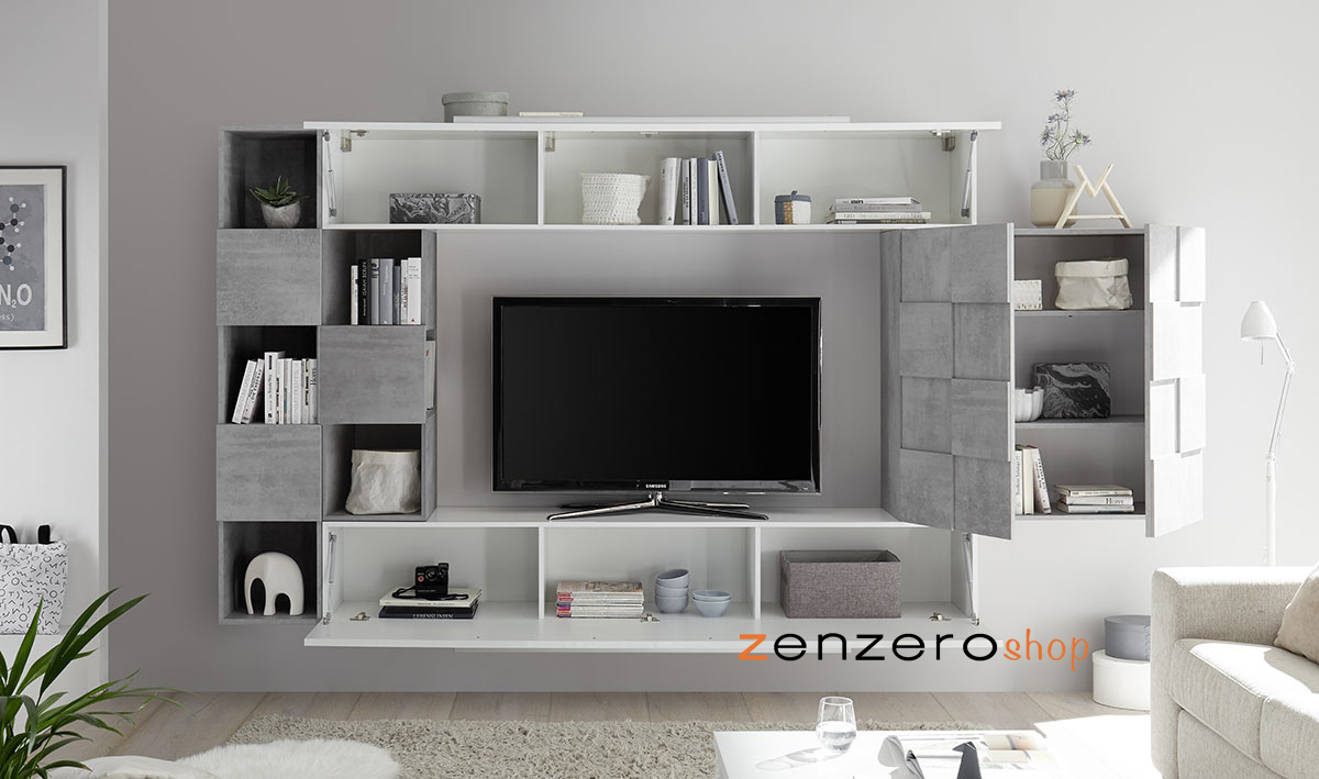 Pareti design moderno, arredamento pareti attrezzate bianco lucido e beton con pensile Miss