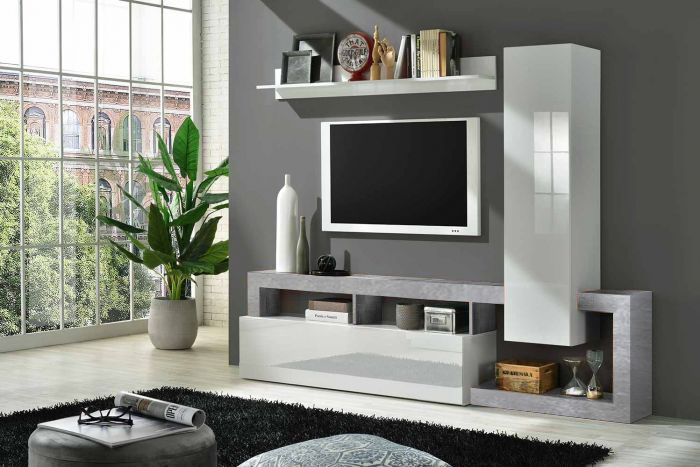 Soggiorno moderno di design composto da parete attrezzata e madia a 2 ante in finitura bianco e Cemento