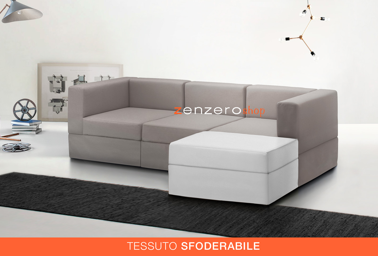 Divano moderno componibile a 3 posti e penisola, finitura Bianco e Grigio