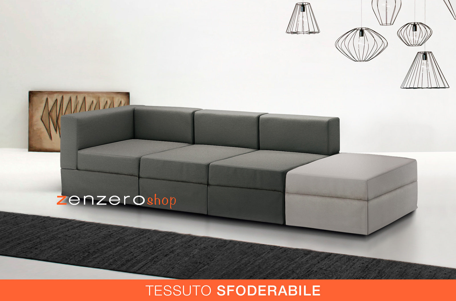 Divano moderno componibile a 3 posti, finitura Nero e Grigio