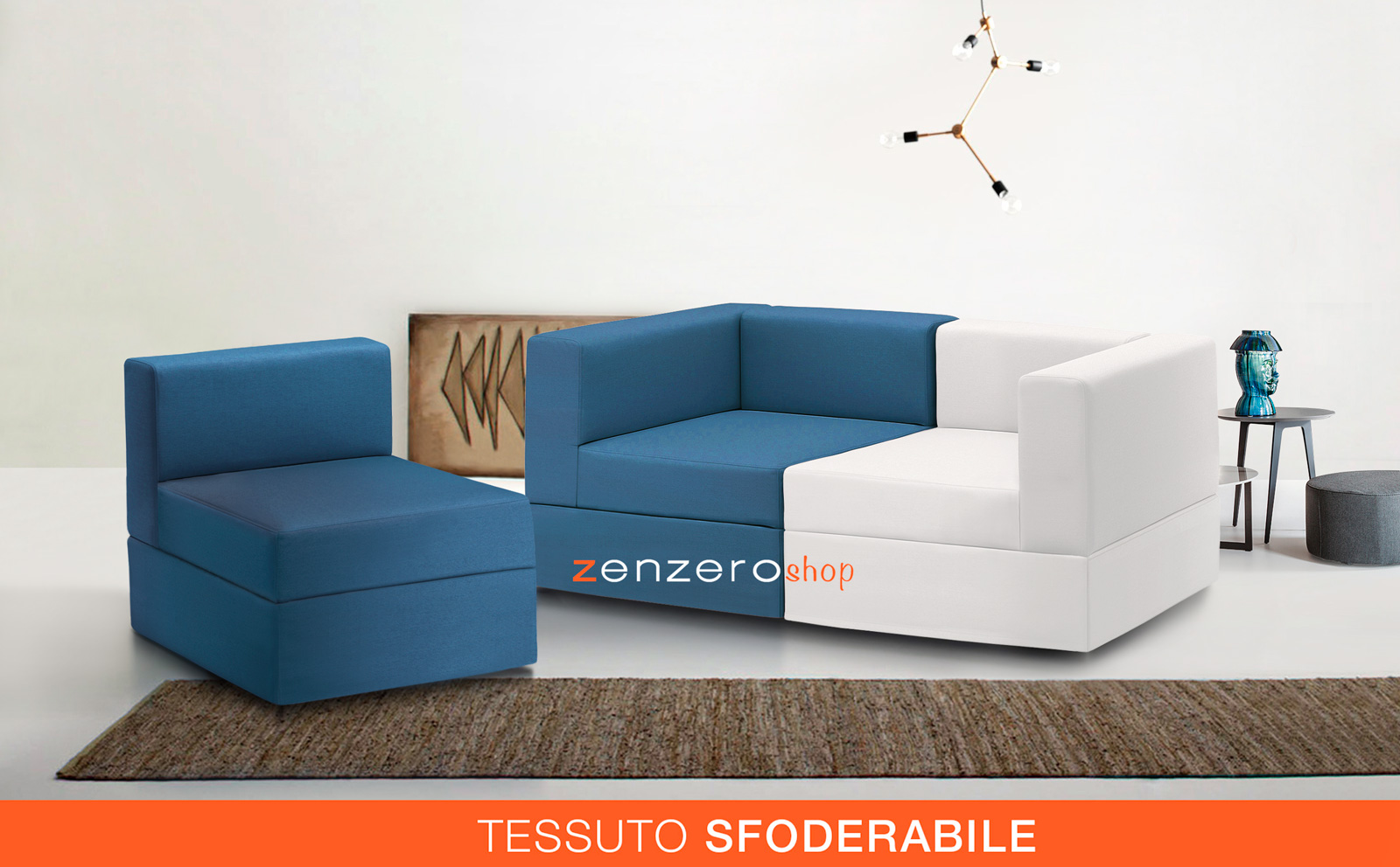 Poltrona e Divano moderno componibile a 2 posti, finitura Bianco e Azzurro