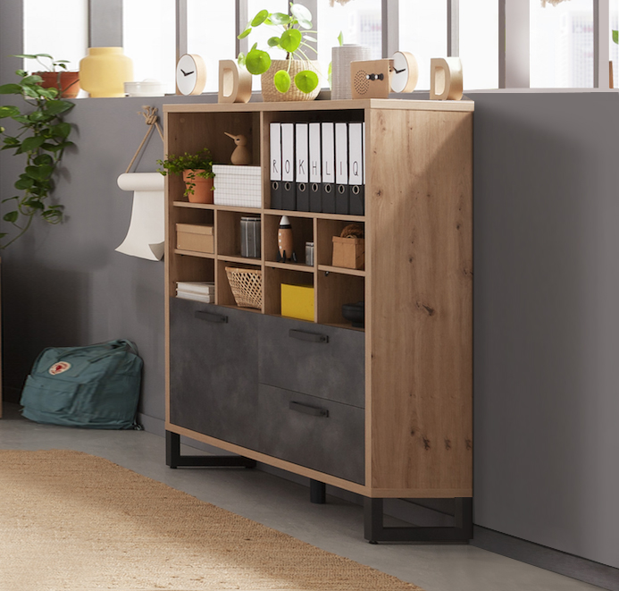 Libreria Industry per ufficio con 2 cassetti e un'anta in finitura Rovere e Grigio smoke