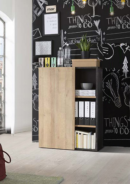 Libreria Point con un'anta in finitura ossido e rovere