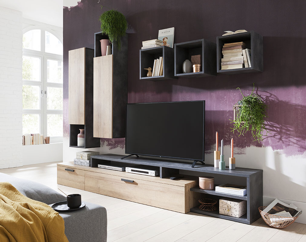 Base porta Tv industry  in finitura Grigio smoke e Rovere
