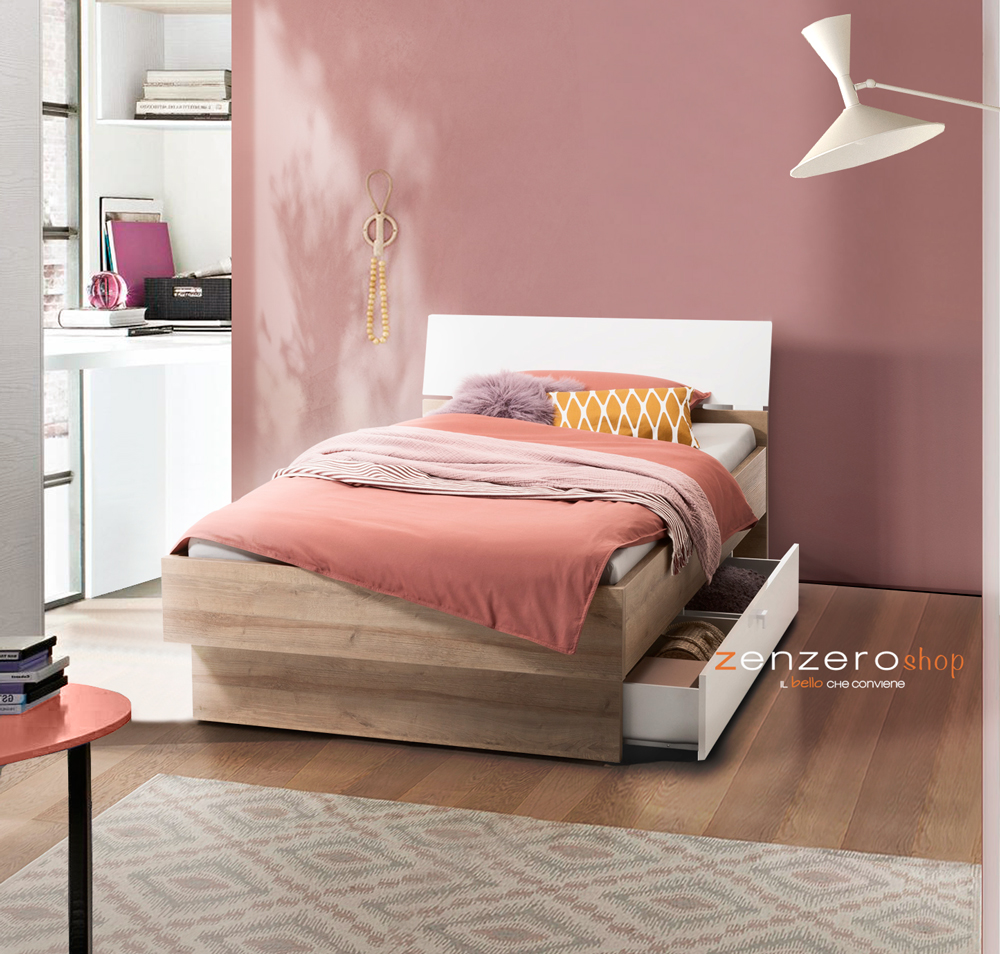 Letto una piazza e mezza con testata ricurva in finitura Rovere e Bianco laccato