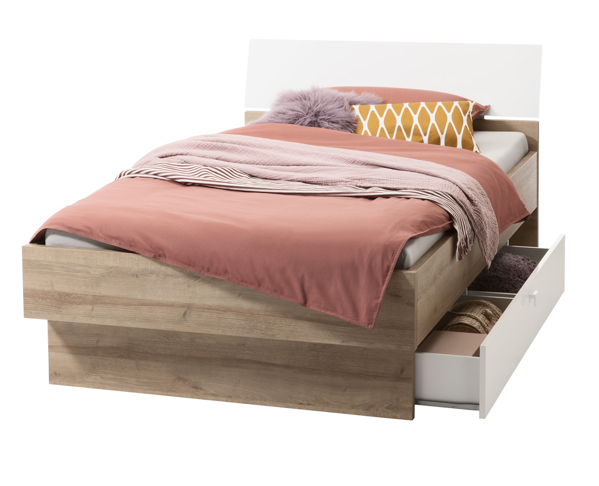 Letto una piazza e mezza con testata ricurva in finitura Rovere e Bianco laccato