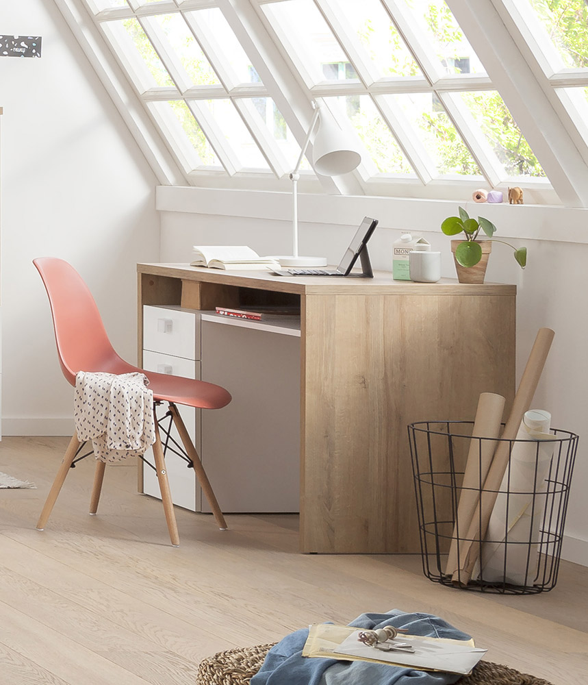 Scrivania con cassettiera in finitura Bianco laccato e Rovere 