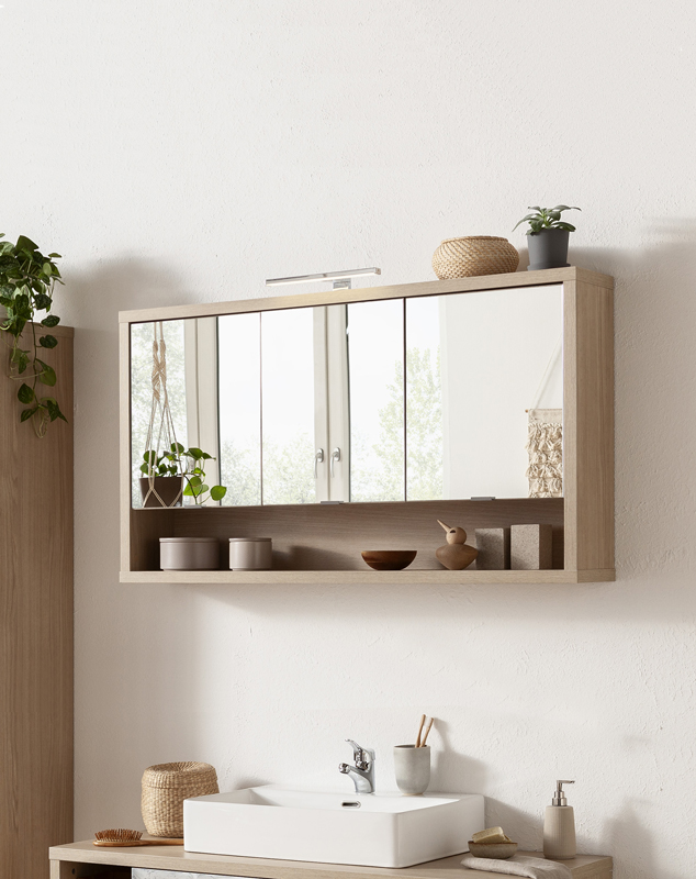 Mobile del bagno,Pensile specchio con 3 ante in finitura Rovere