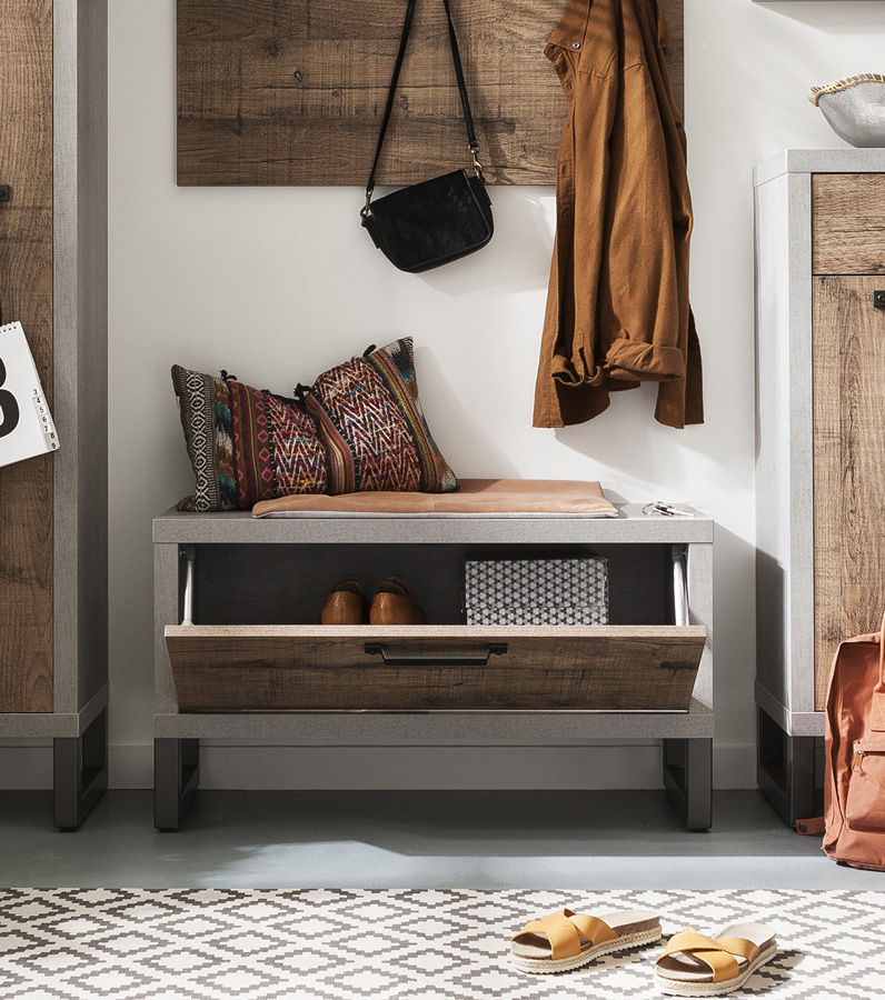 Panca in stile Industry con anta, Cemento e Rovere invecchiato