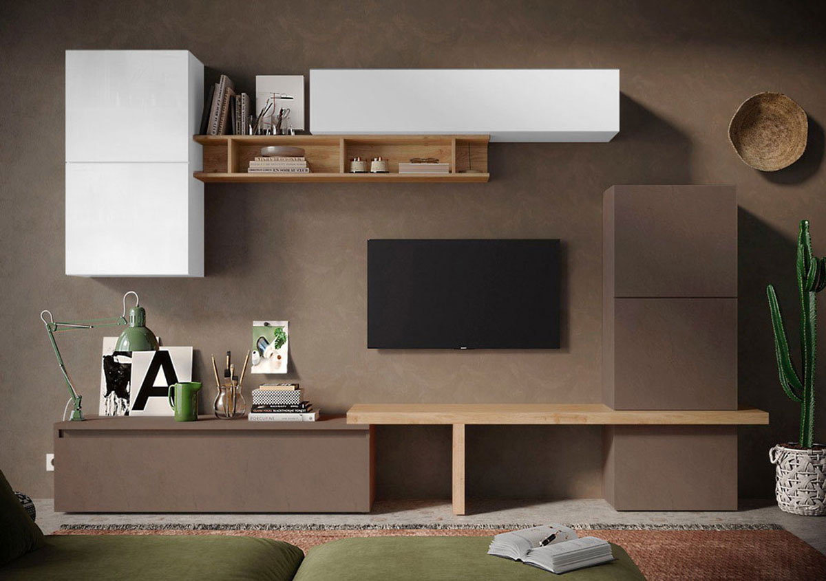 Parete Attrezzata L.320 finitura Bronzo, Cadiz e Bianco lucido, Made in Italy