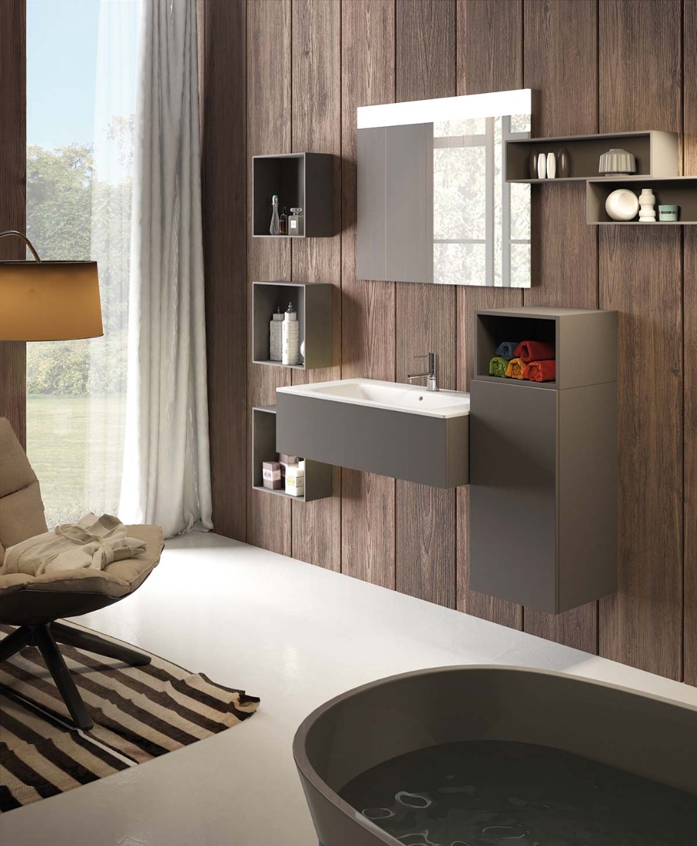 Mobile bagno con specchio e lavabo, finitura Grigio fumo