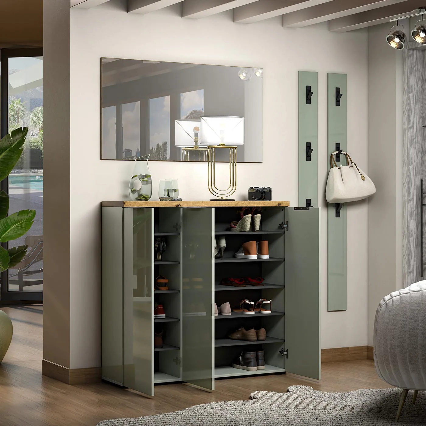 Scarpiera 3 ante a terra, Salvia laccato opaco e Rovere Zenzero Shop