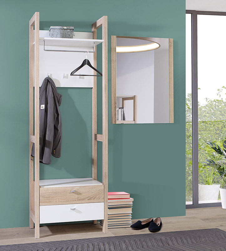 Mobile ingresso con appendiabiti e cassetti, finitura Rovere e Bianco