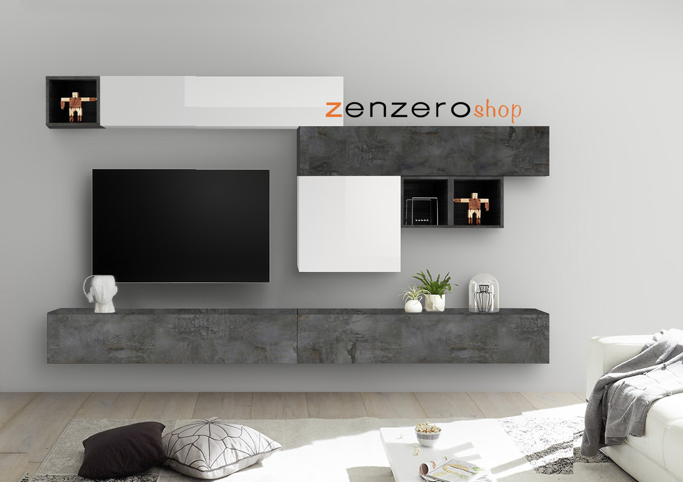 Parete attrezzata sospesa, Bianca Lucida, Ossido e Piombo