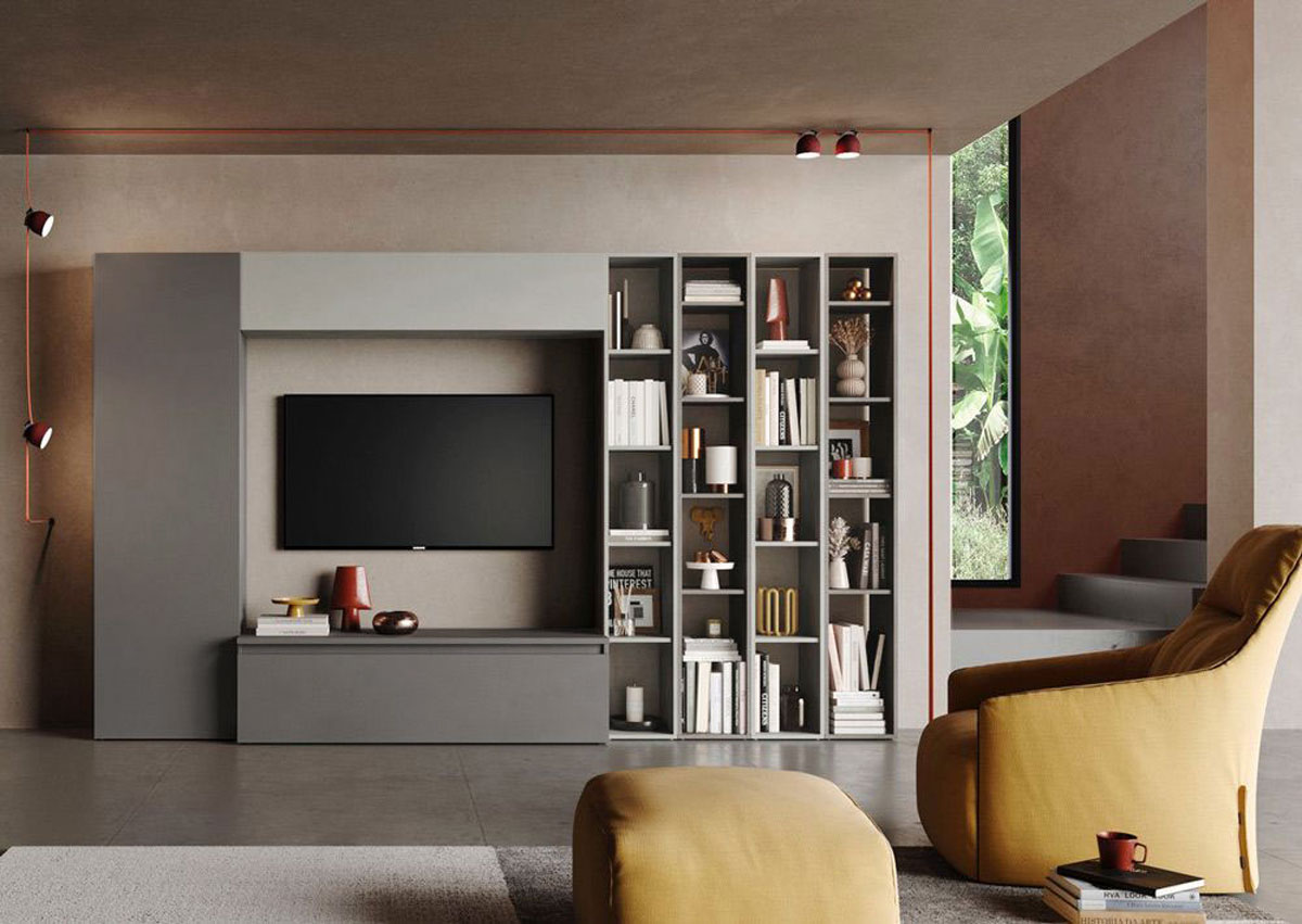 Parete attrezzata moderna L.305 colori Ardesia e Gesso, Made in Italy 