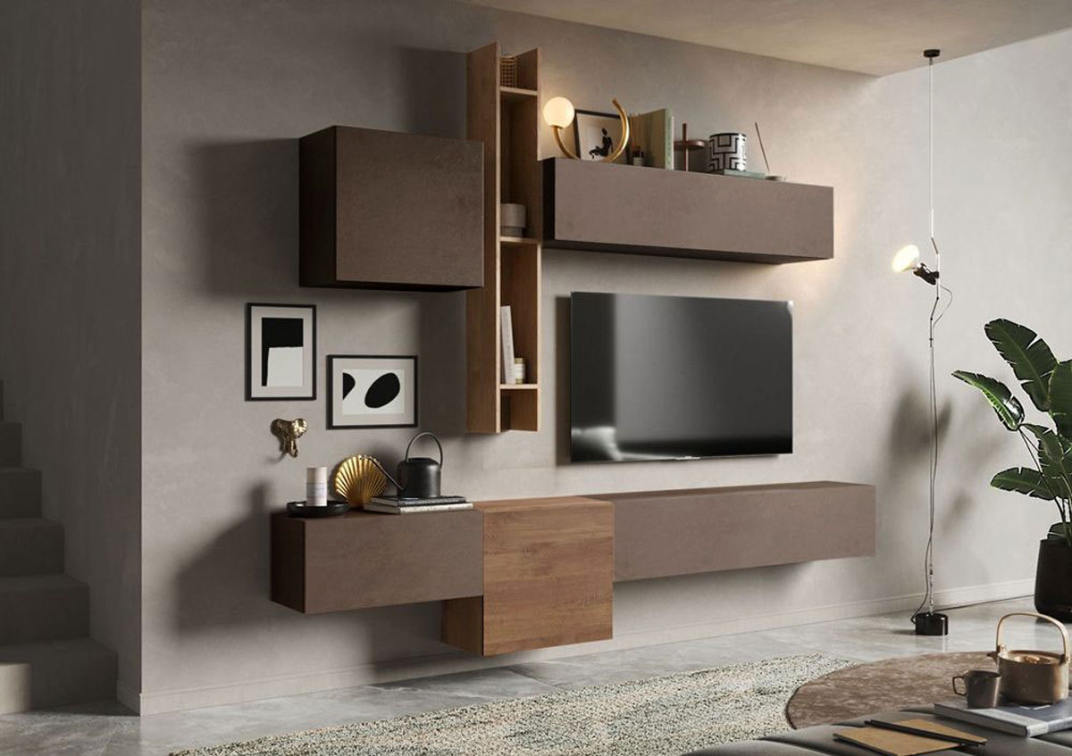 Parete attrezzata di design L.262, finitura Bronzo e Mercure 