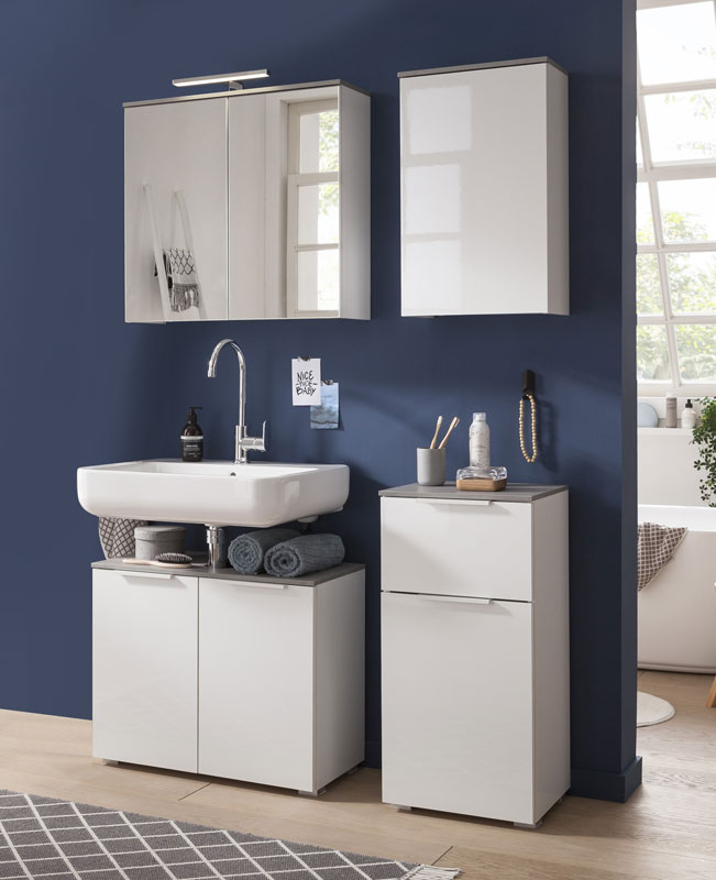 Bagno mobili moderni in finitura Bianco Laccato e top Grigio Cemento