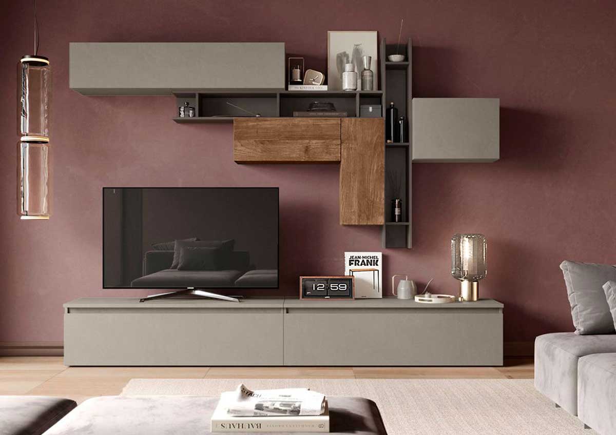 Parete attrezzata moderna, finitura Bronzo, Mercure e Argilla, Made in Italy