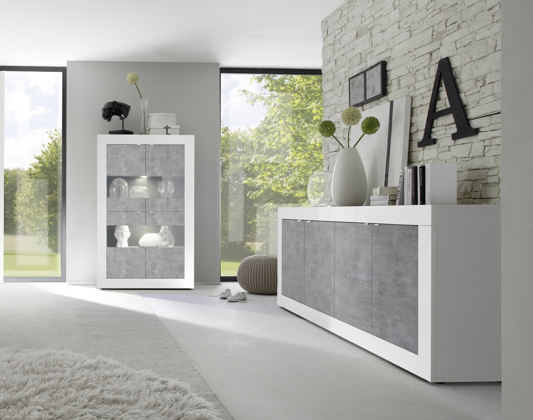 Soggiorno moderno bianco lucido e Cemento con Vetrina e Madia 4 ante