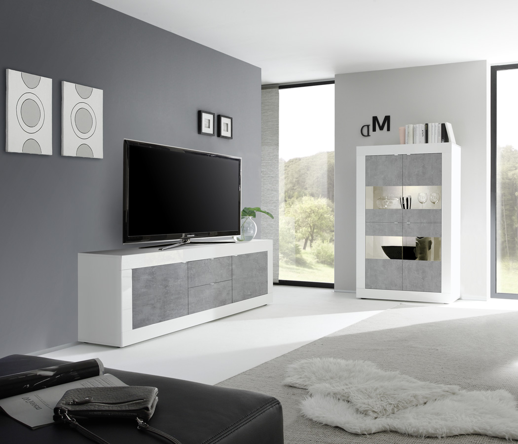 Soggiorno moderno bianco lucido e Cemento con Vetrina e Madia 2 ante 2 cassetti