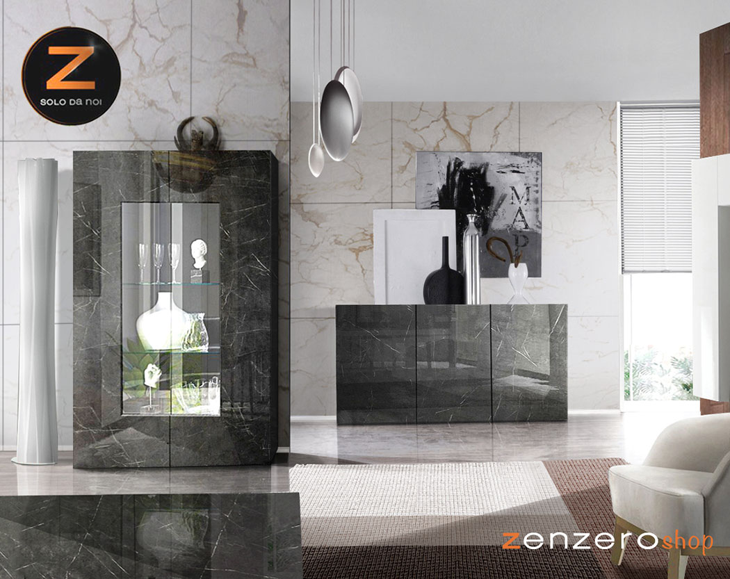 Soggiorno di lusso, Madia e Vetrina, finitura Marmo Lucido Nero