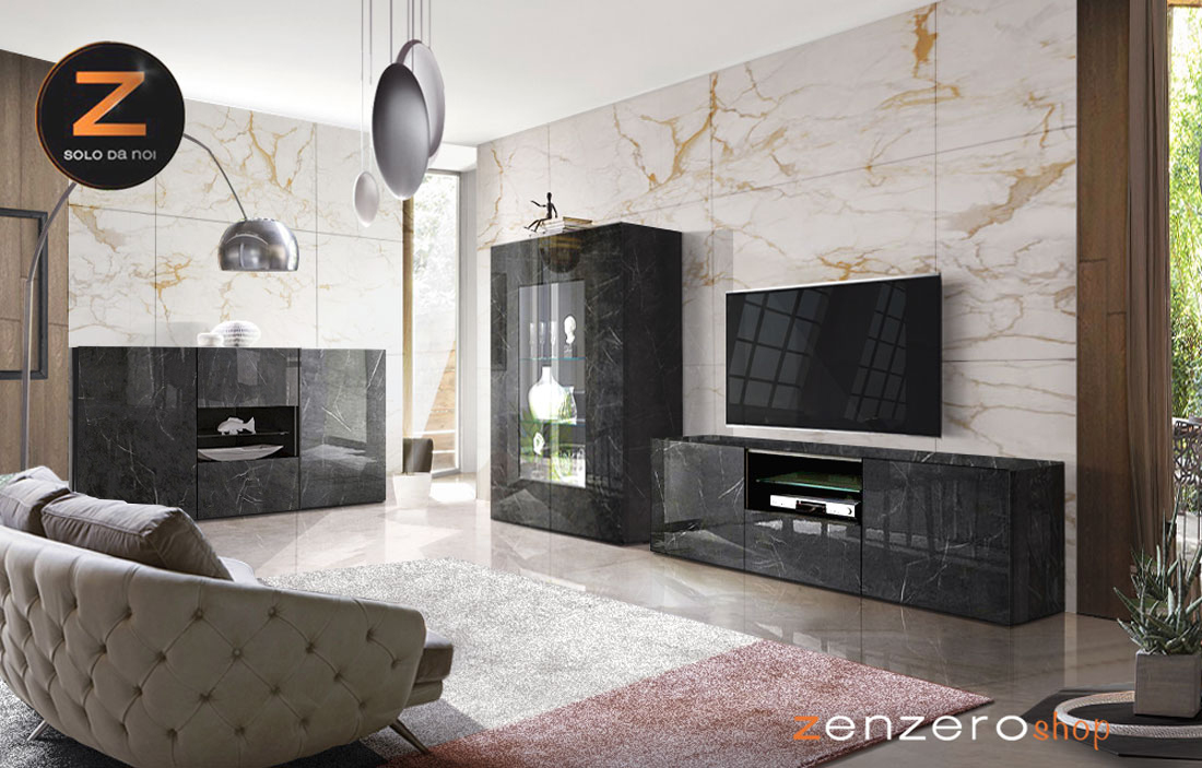 Soggiorno di lusso, Porta TV, Madia e Vetrina, finitura Marmo Lucido Nero