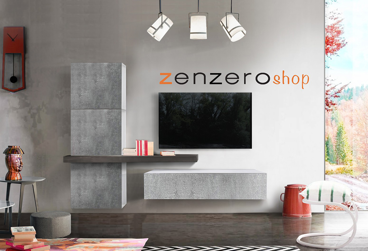 Soggiorno Zenzero, parete attrezzata moderna,  Beton con mensola Ardesia Scura