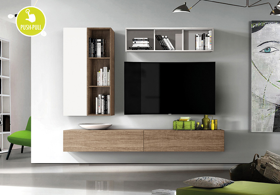 Soggiorno Zenzero, parete attrezzata con pensili olmo e pensili bianchi