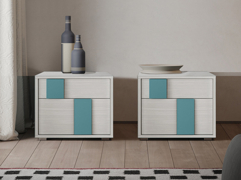 Spaziosi comodini colorati Ceruleo laccato opaco e Cenere wood