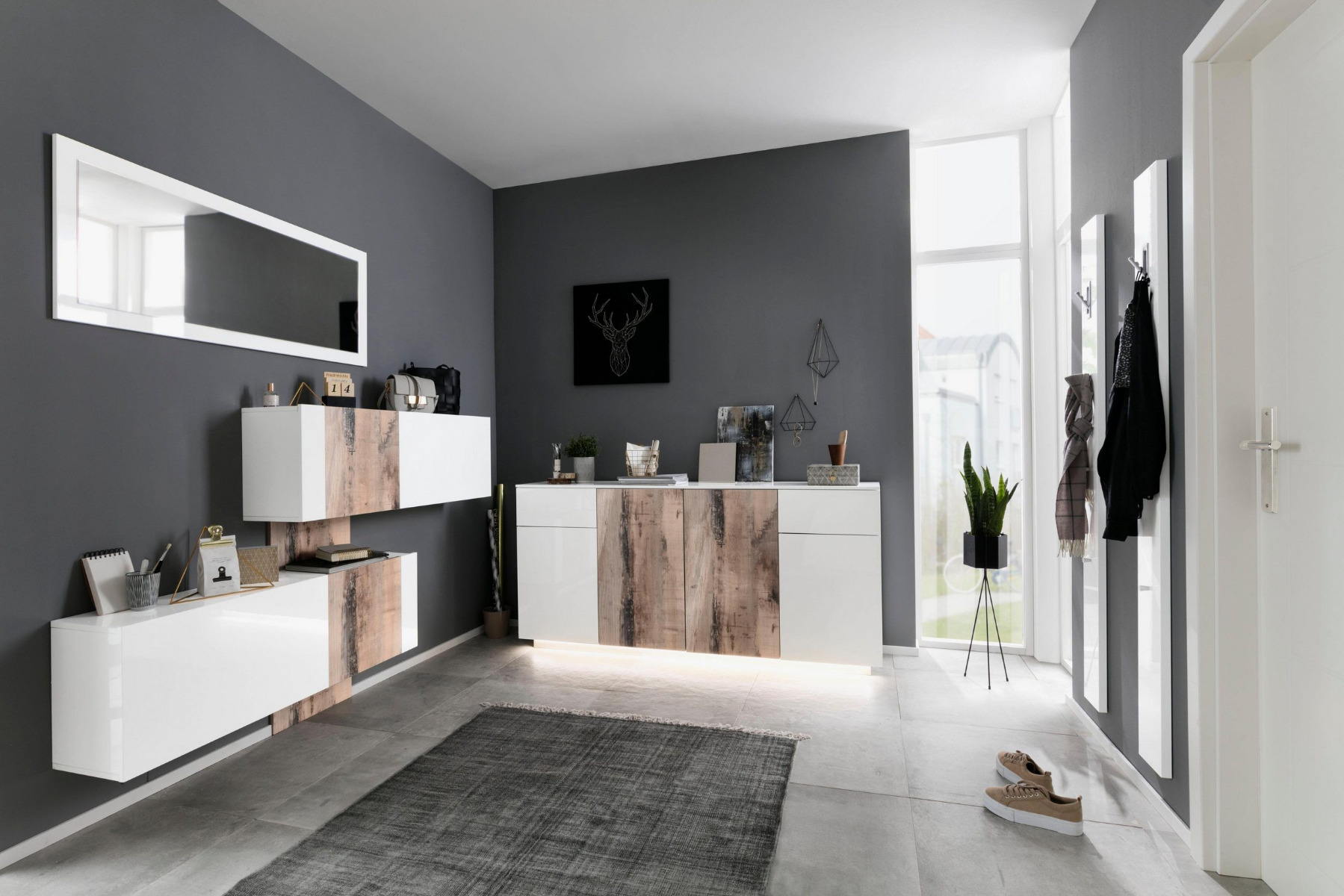 Scarpiera doppia, design orizzontale e moderno, finitura Bianco Lucido e Pero