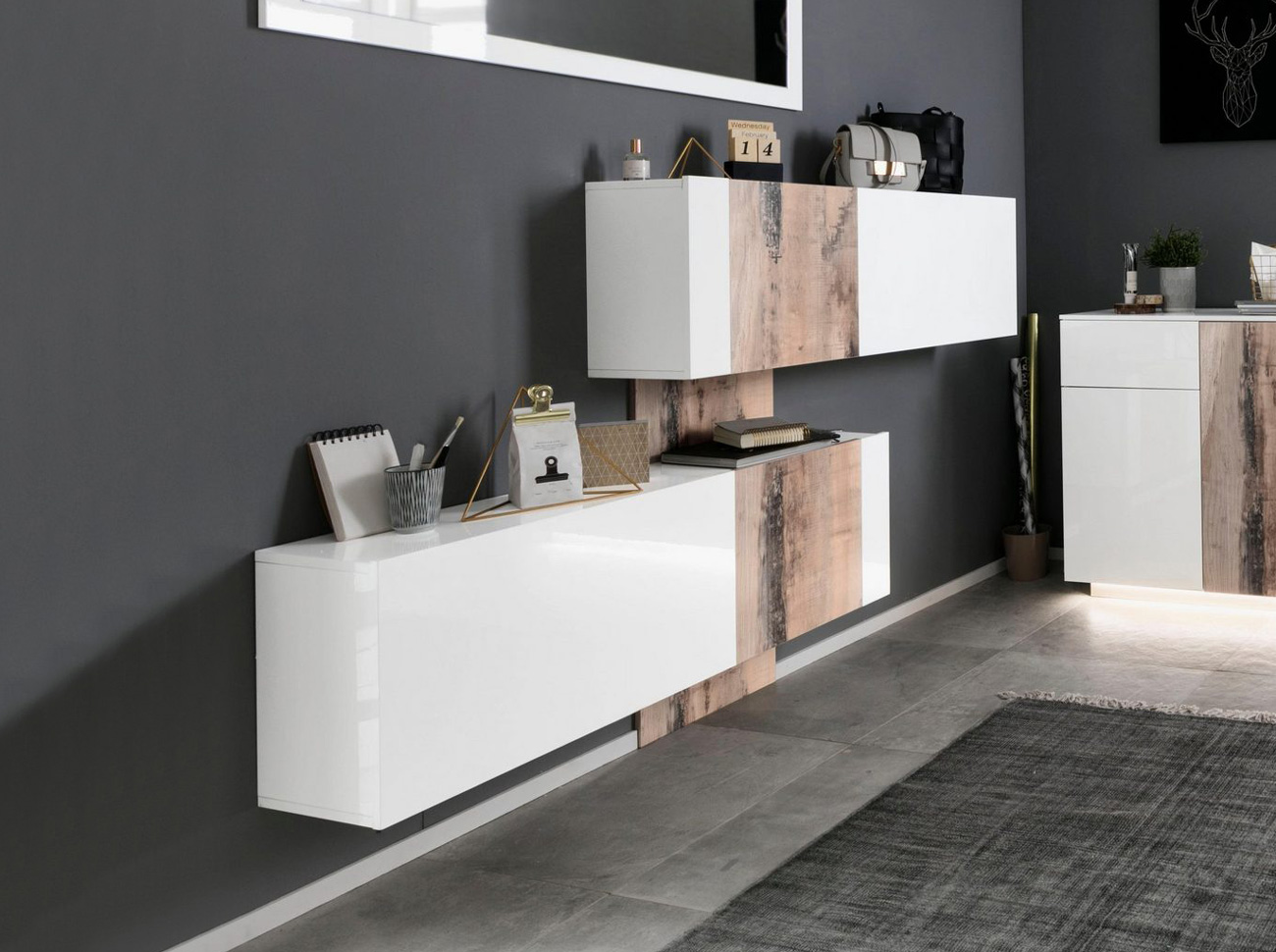 Scarpiera doppia, design orizzontale e moderno, finitura Bianco Lucido e Pero