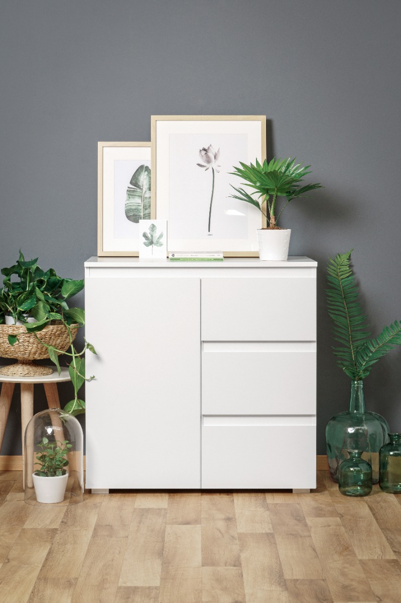 Conveniente credenza  1 anta e 3 cassetti, colore Bianco opaco 