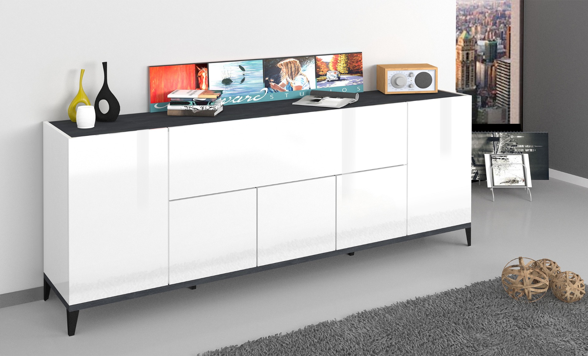 Credenza 200 cm in Bianco lucido e Ardesia
